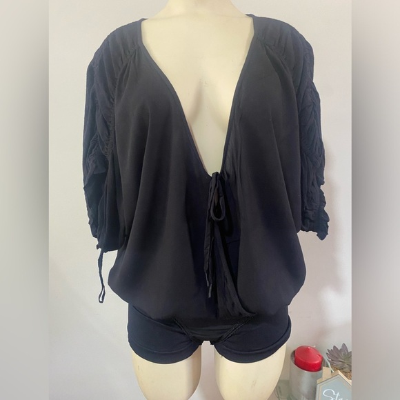 NWT .. Free People Black Tie Front Ruched Bodysuit - Picture 5 of 16